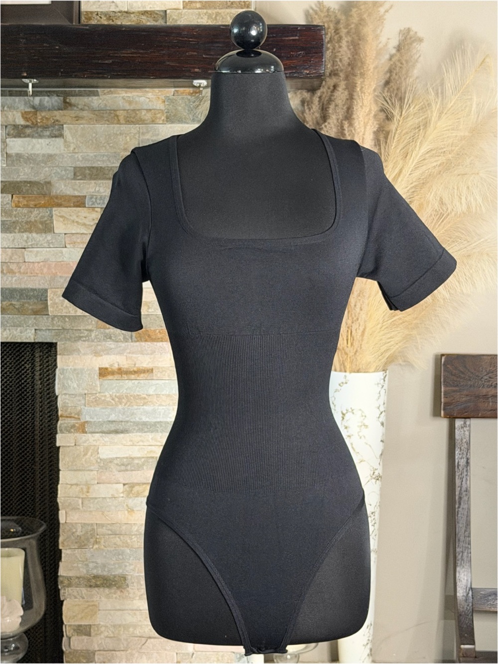 Fashion Nova Black Short-Sleeve Square-Neck Bodysuit